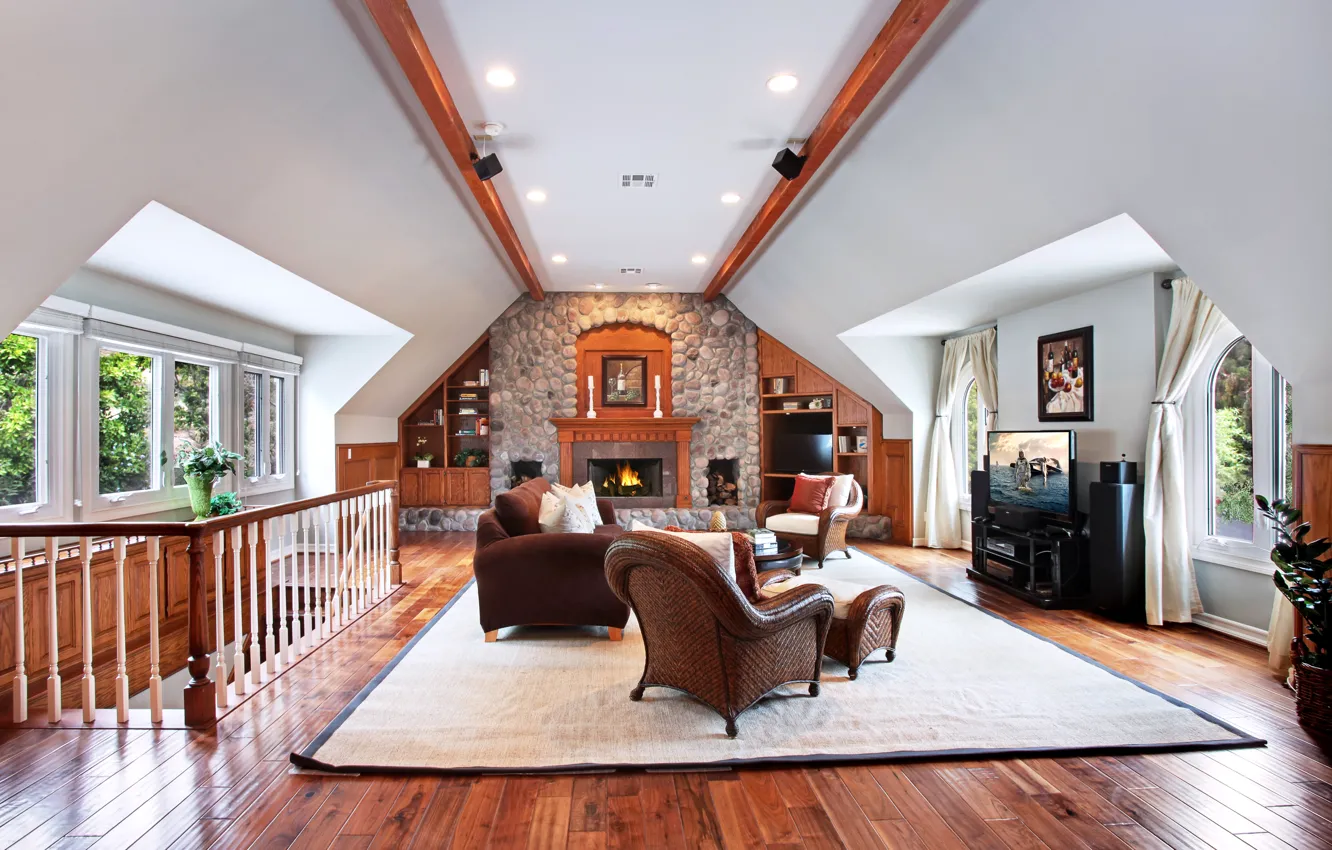 Фото обои стиль, диван, мебель, вилла, интерьер, лестница, камин, гостиная