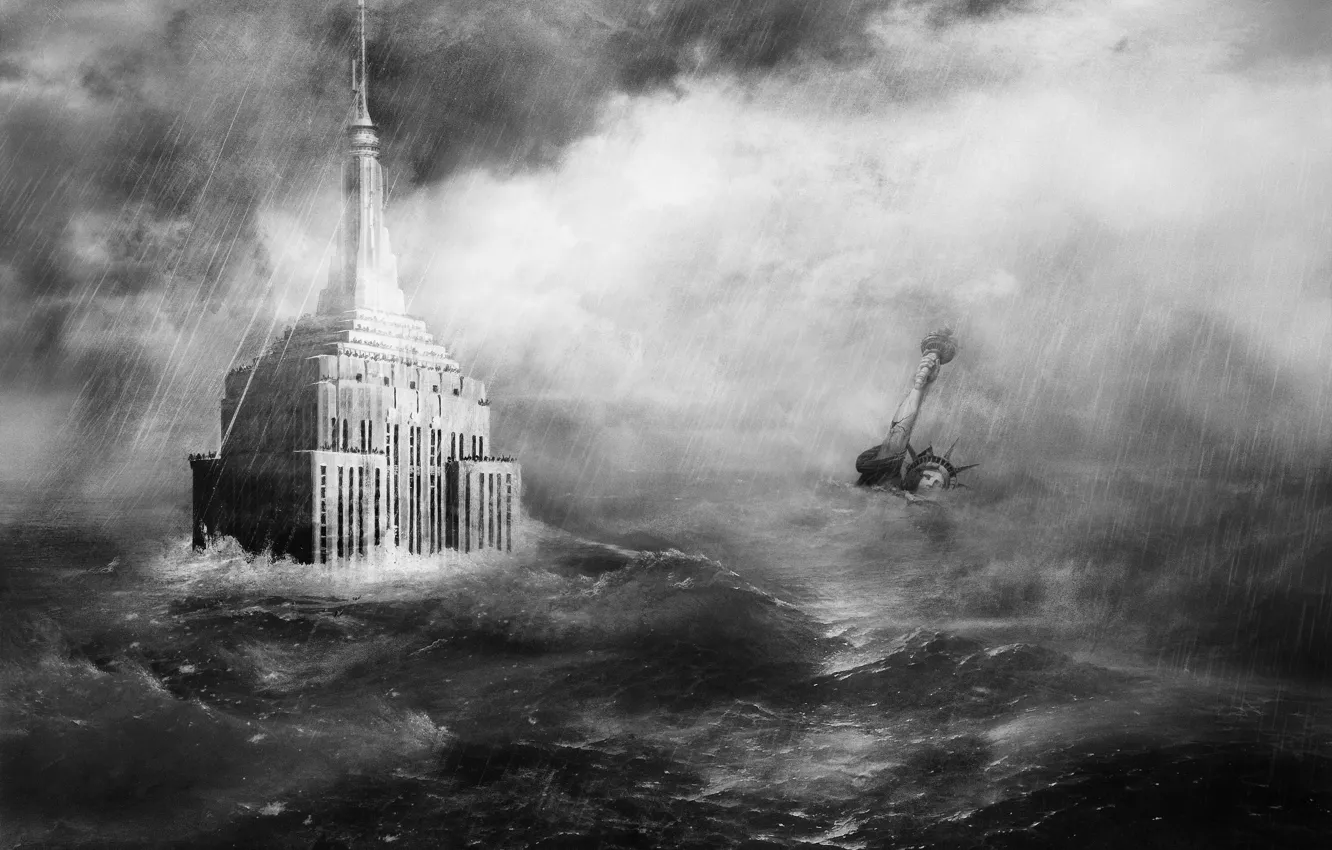 Фото обои вода, дождь, небоскреб, катастрофа, наводнение, конец света, статуя свободы, empire street building