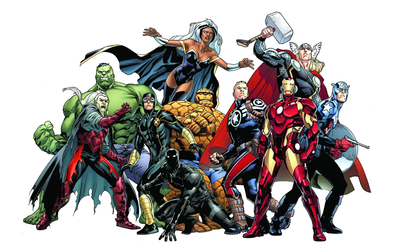 Фото обои фон, Hulk, Storm, Iron Man, Captain America, Thor, Marvel Comics, Cyclops