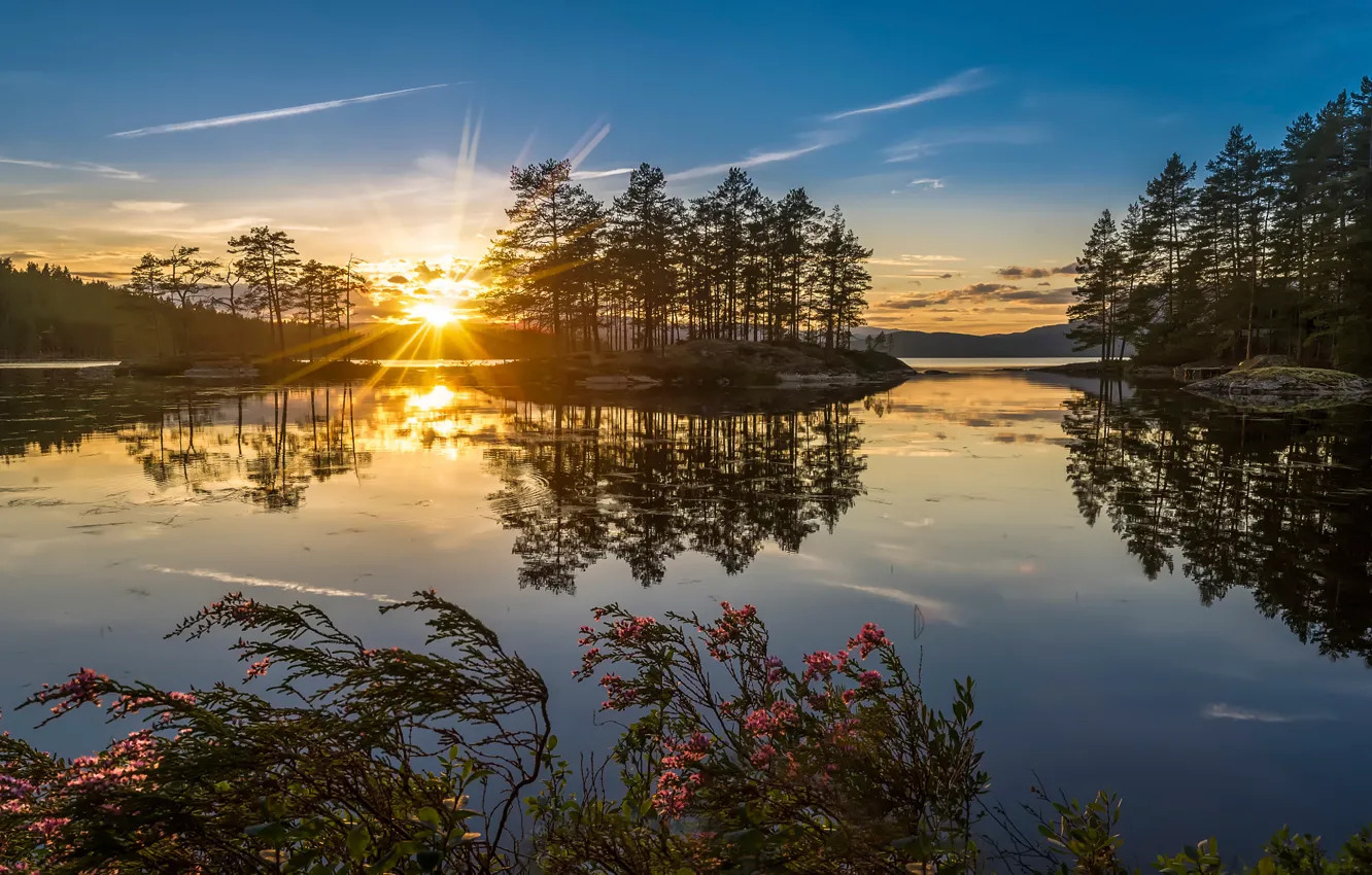 Фото обои закат, озеро, Норвегия