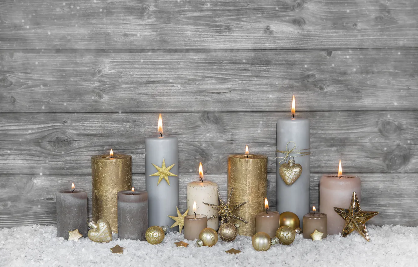 Фото обои снег, украшения, lights, свечи, Новый Год, Рождество, happy, Christmas