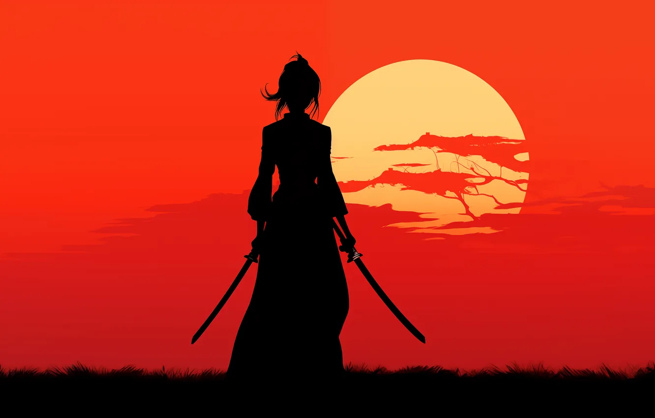 Фото обои red, sword, grass, weapon, anime, katana, women, samurai