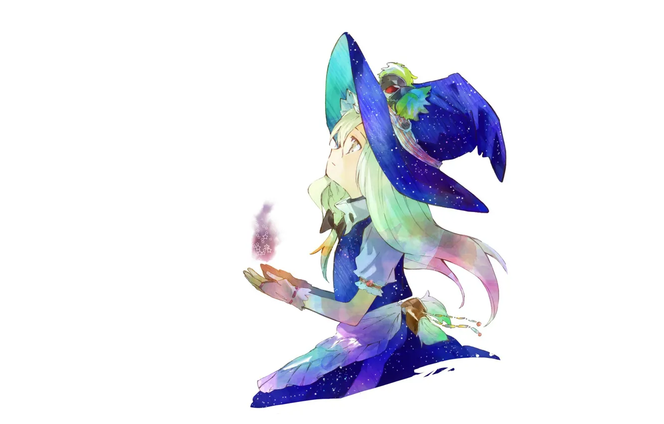 Фото обои белый фон, перчатки, touhou, art, косичка, фартук, смотрит вверх, шляпа ведьмы