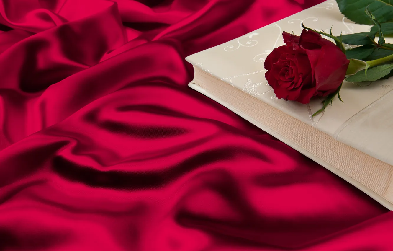 Фото обои роза, книга, red, rose, складки, romantic, silk, шёлк