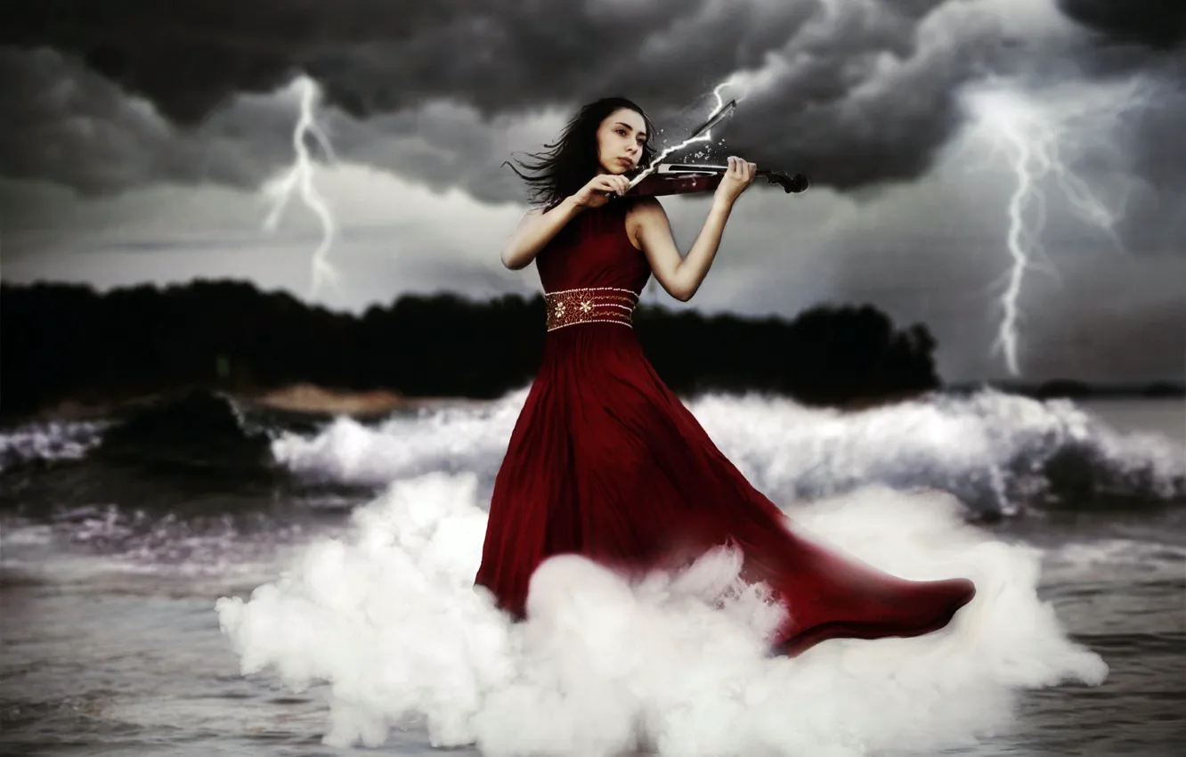 Фото обои девушка, музыка, молния, скрипка