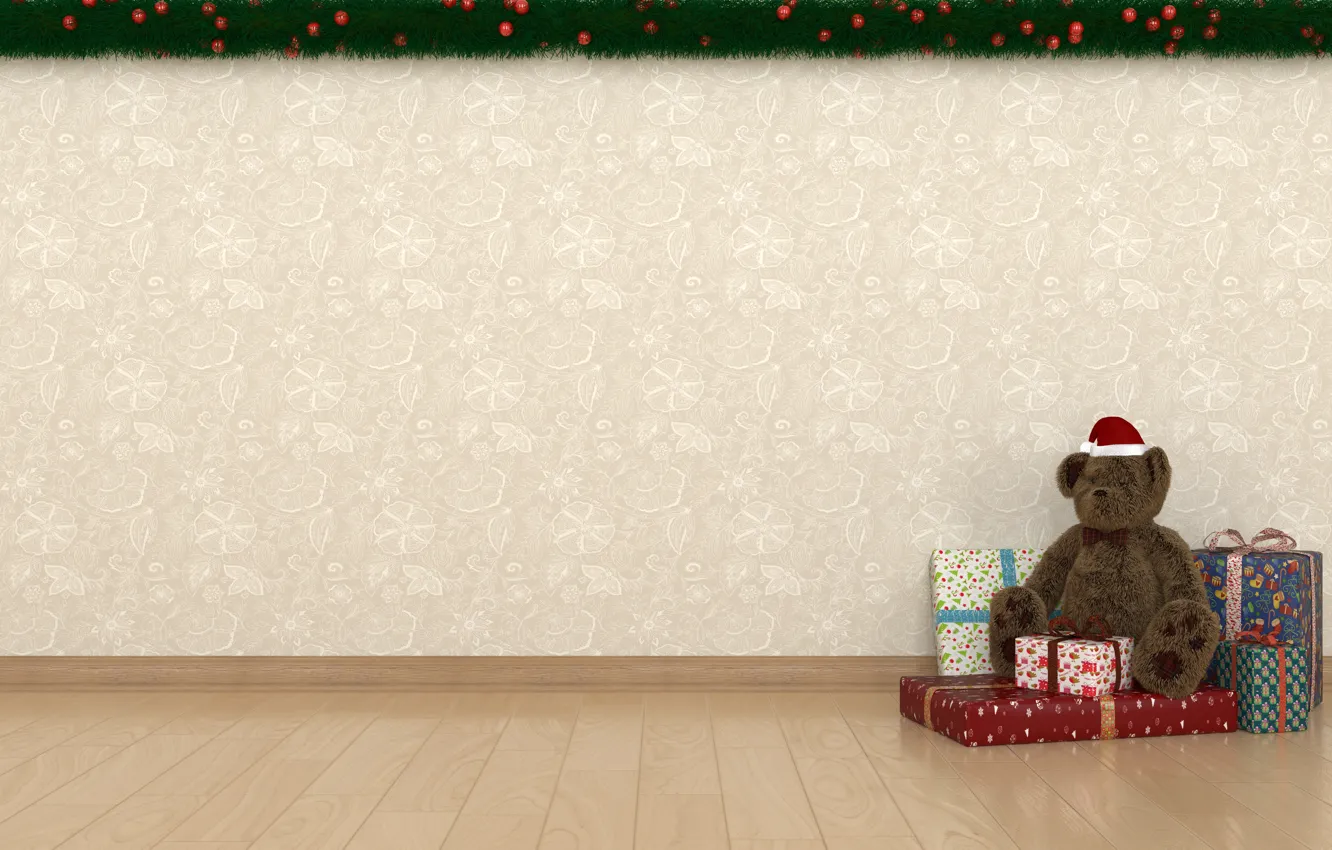 Фото обои мишка, подарки, Новый год, плюшевый мишка