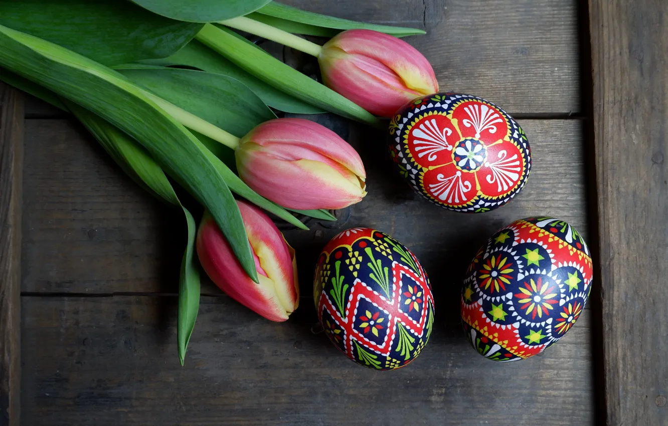 Фото обои цветы, праздник, яйца, Пасха, тюльпаны