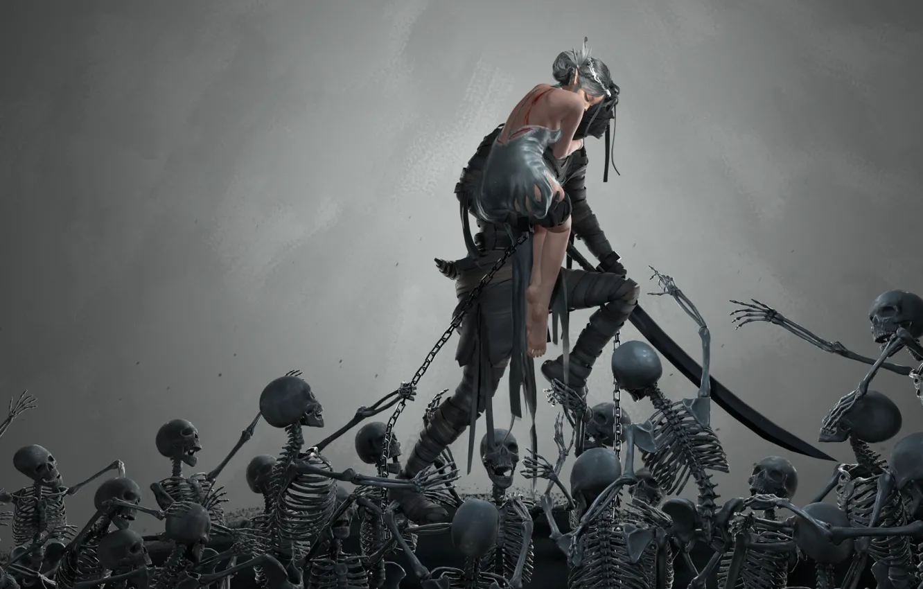 Фото обои черепа, цепи, серый фон, скелеты, нежить, мумия, раны, бегство