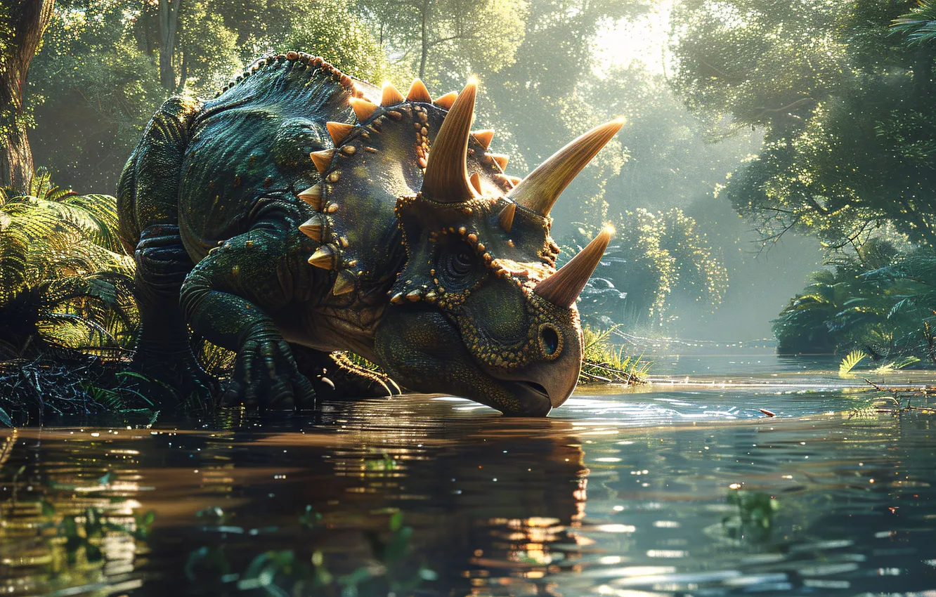 Фото обои Вода, Деревья, Морда, Динозавр, Рога, Triceratops, Животное, Цифровое искусство