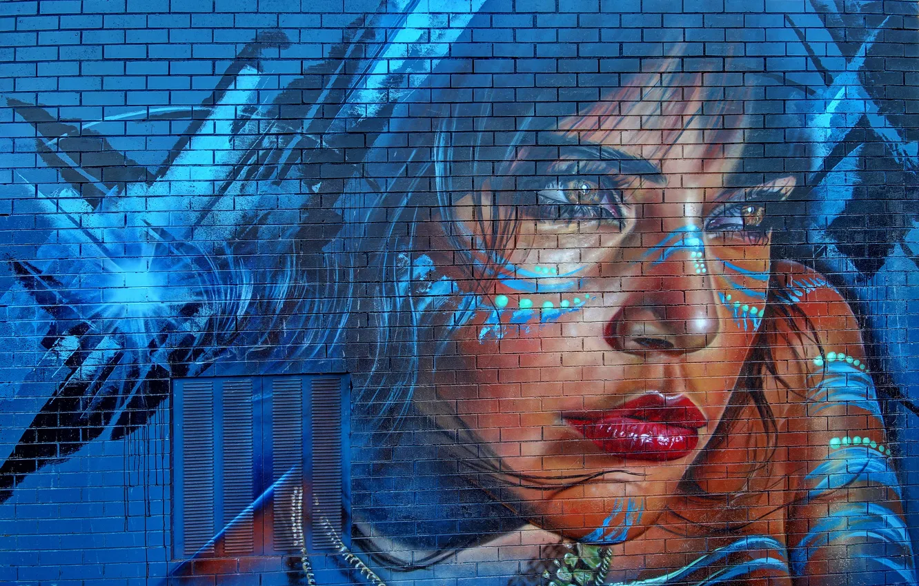 Фото обои девушка, стена, граффити, рисунок