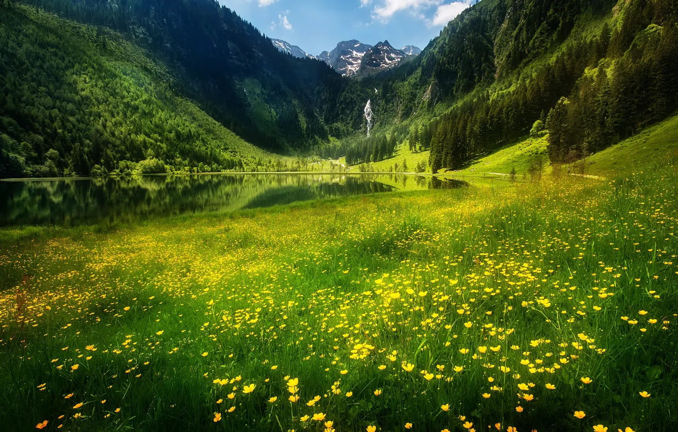 Фото обои пейзаж, цветы, горы, природа, озеро, склоны, водопад, Австрия