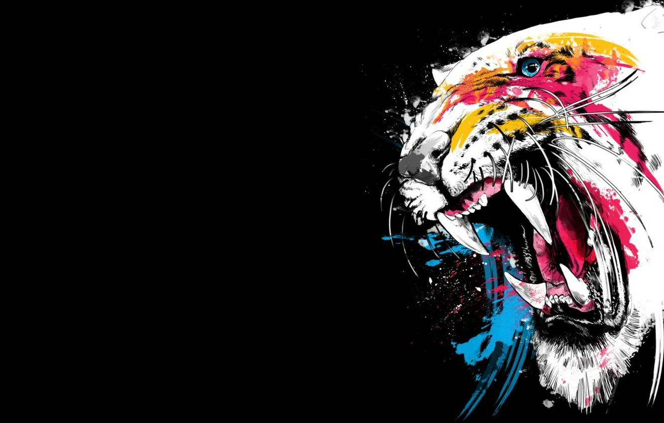 Фото обои морда, цвета, тигр, фон, краски, клыки, оскал