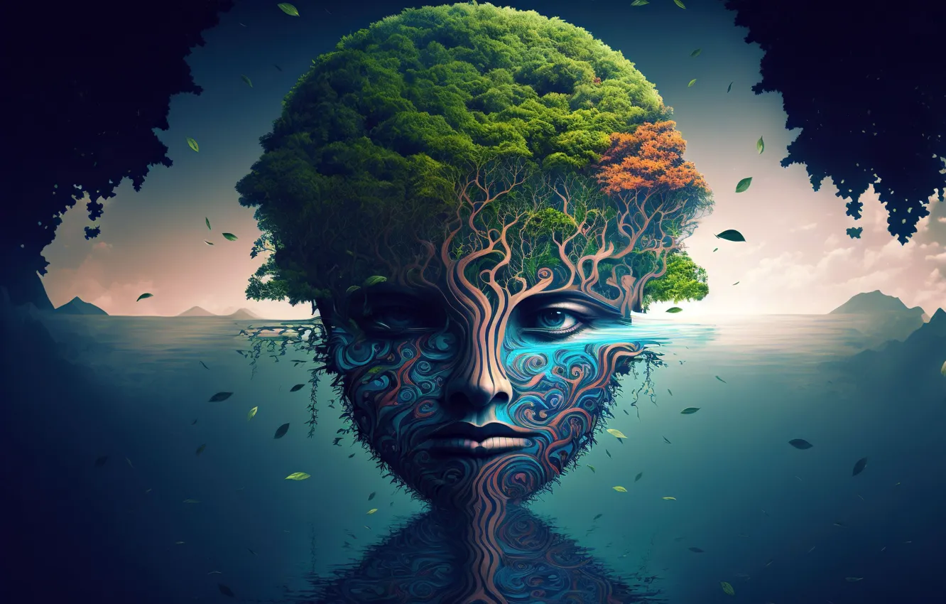 Фото обои глаза, вода, лицо, дерево, стихия, горизонт, digital art, цифровое искусство