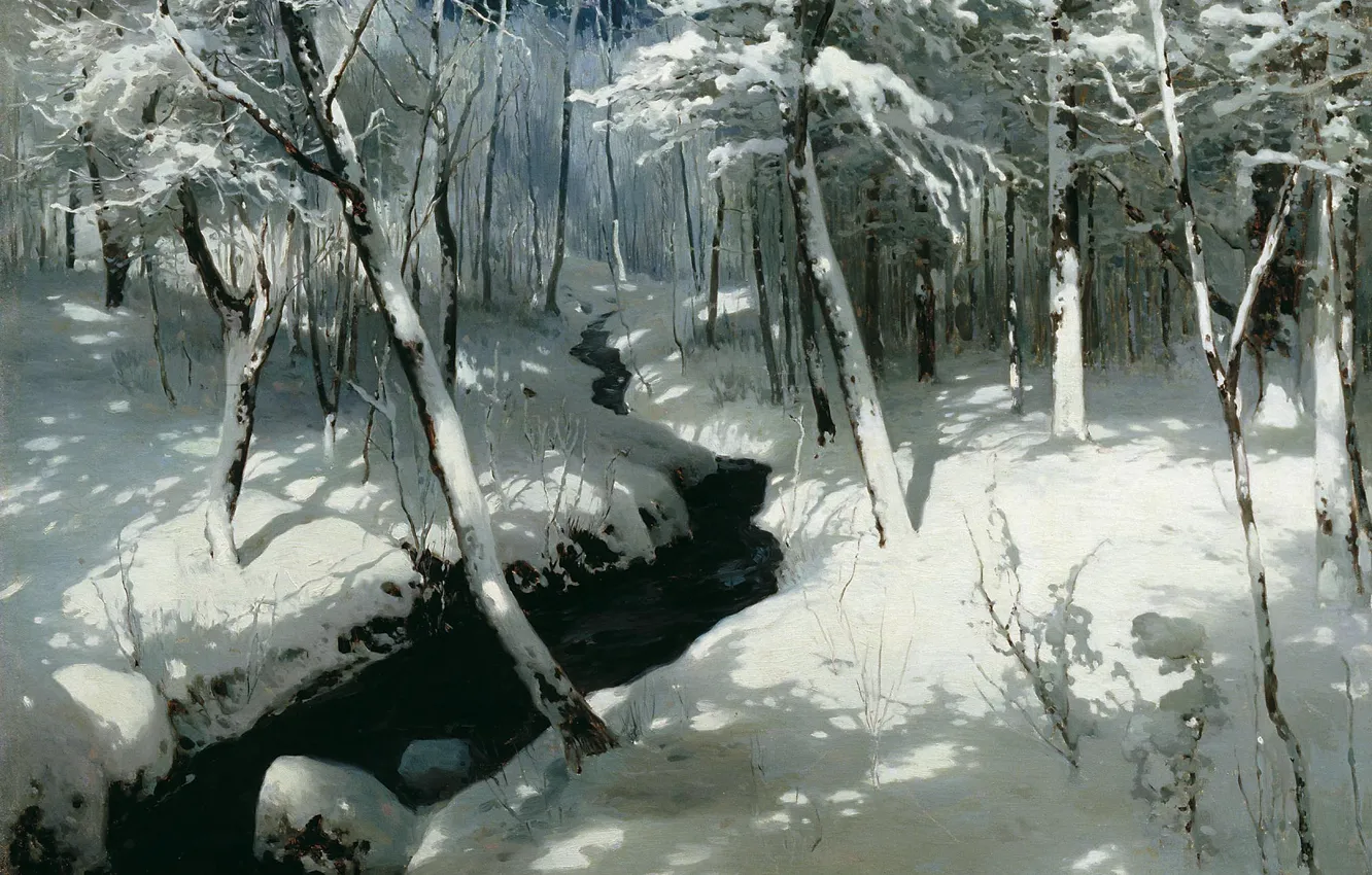 Фото обои зима, снег, масло, холст, 1906, Ручей в лесу, Андрей ШИЛЬДЕР (1861-1919)