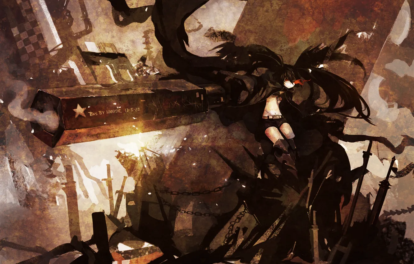 Фото обои девушка, оружие, дым, аниме, арт, цепи, black rock shooter, insane black rock shooter