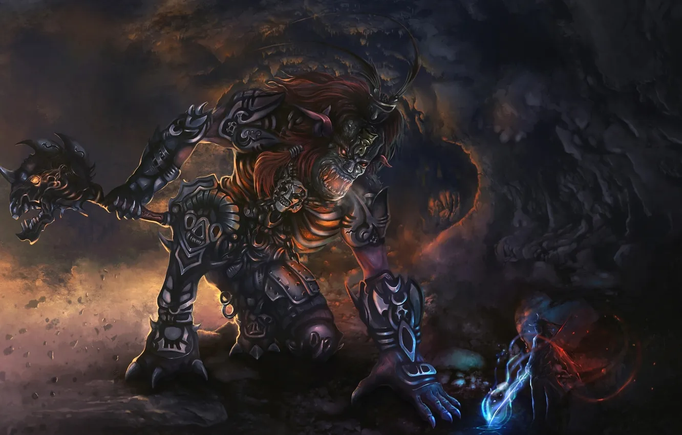 Фото обои оружие, магия, человек, монстр, арт, маг, посох, Ogre warrior