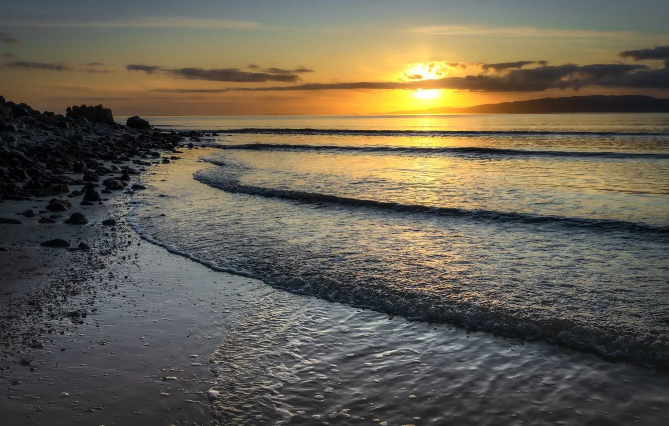 Фото обои море, закат, берег, прибой