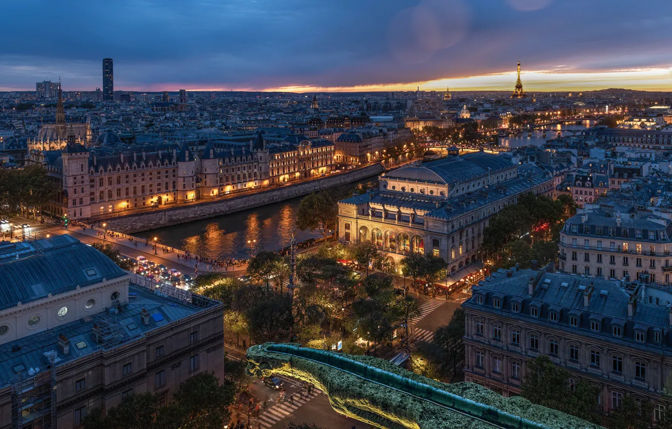 Фото обои река, Франция, Париж, здания, дома, панорама, Paris, ночной город