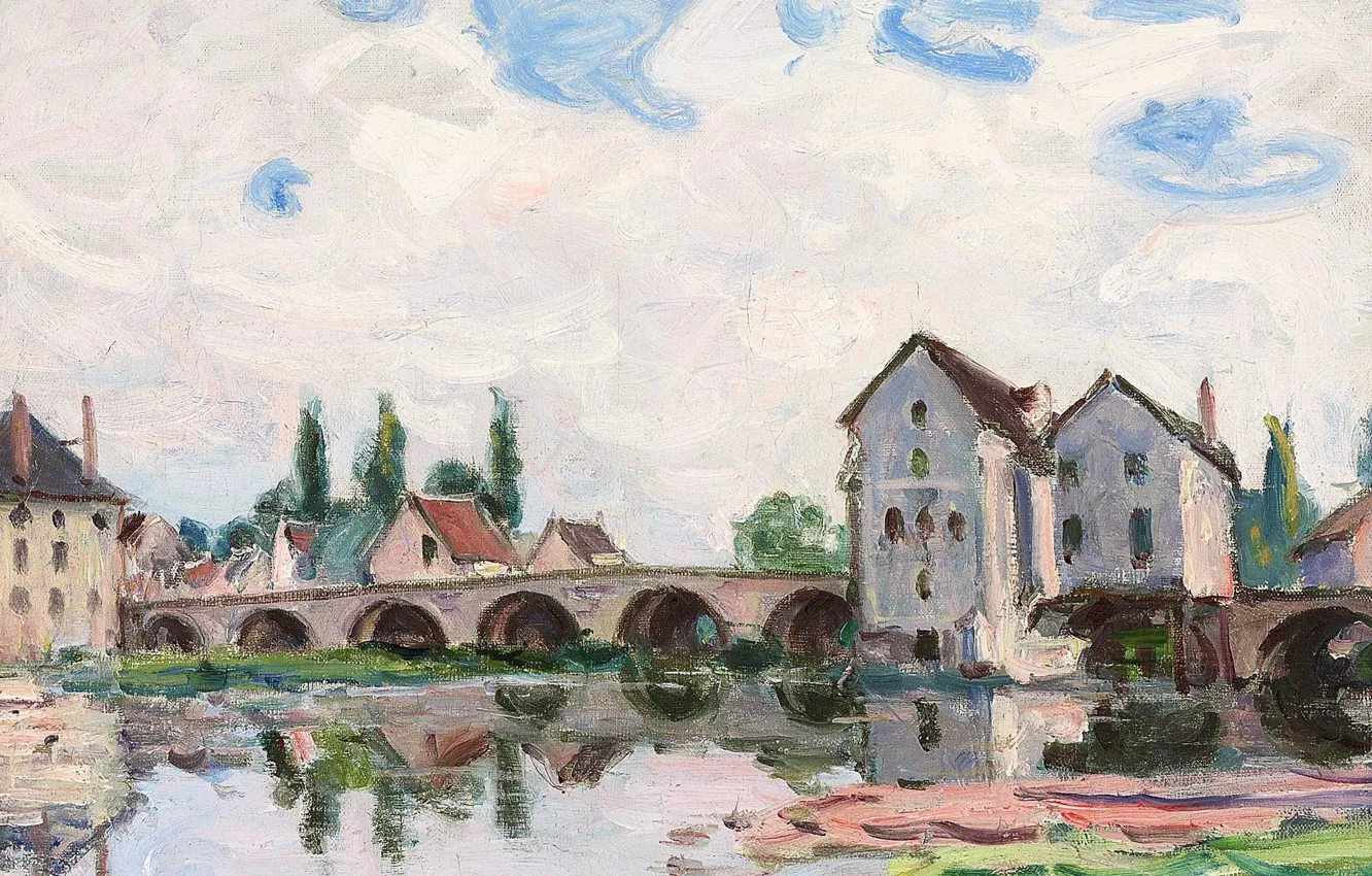 Фото обои пейзаж, мост, дома, картина, Alfred Sisley, Альфред Сислей, Море-сюр-Луэн