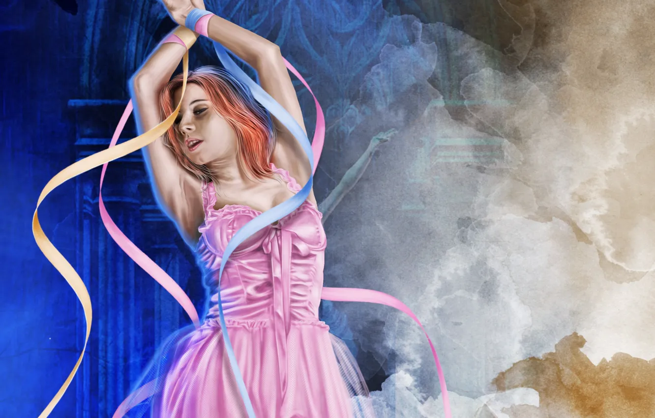 Фото обои девушка, лицо, волосы, руки, арт, балерина, ленточки, розовое платье