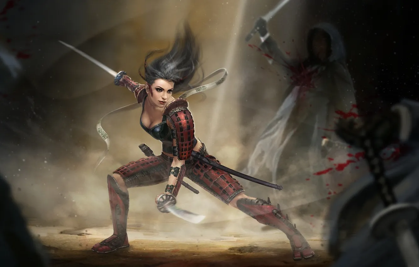 Фото обои девушка, кровь, меч, арт, лента, броня, враги