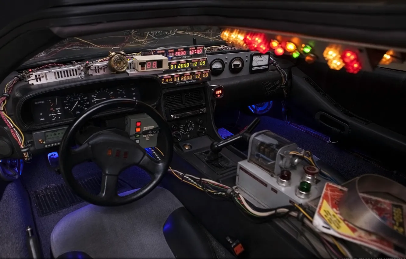 Фото обои фон, приборы, руль, Назад в будущее, ДеЛориан, салон, DeLorean, DMC-12