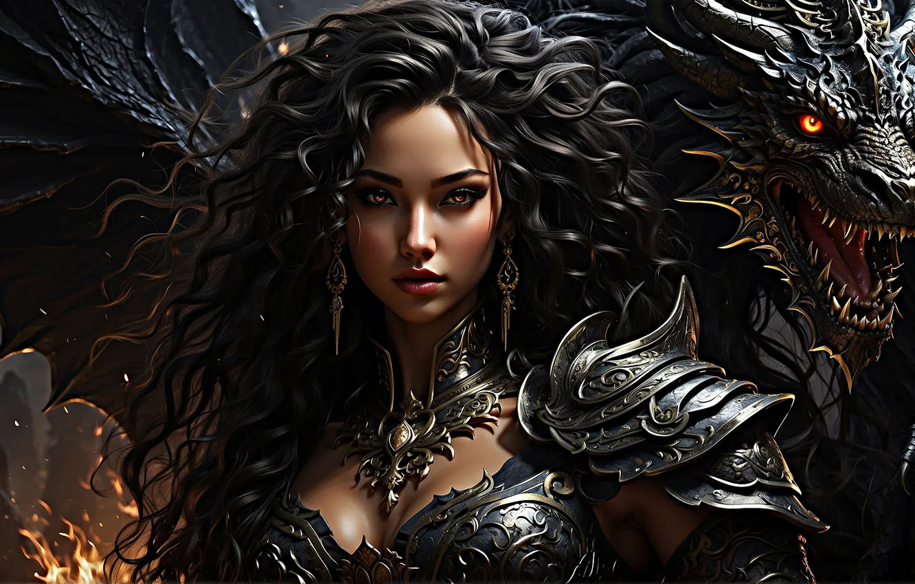 Фото обои грудь, девушка, украшения, металл, темный фон, огонь, готика, дракон