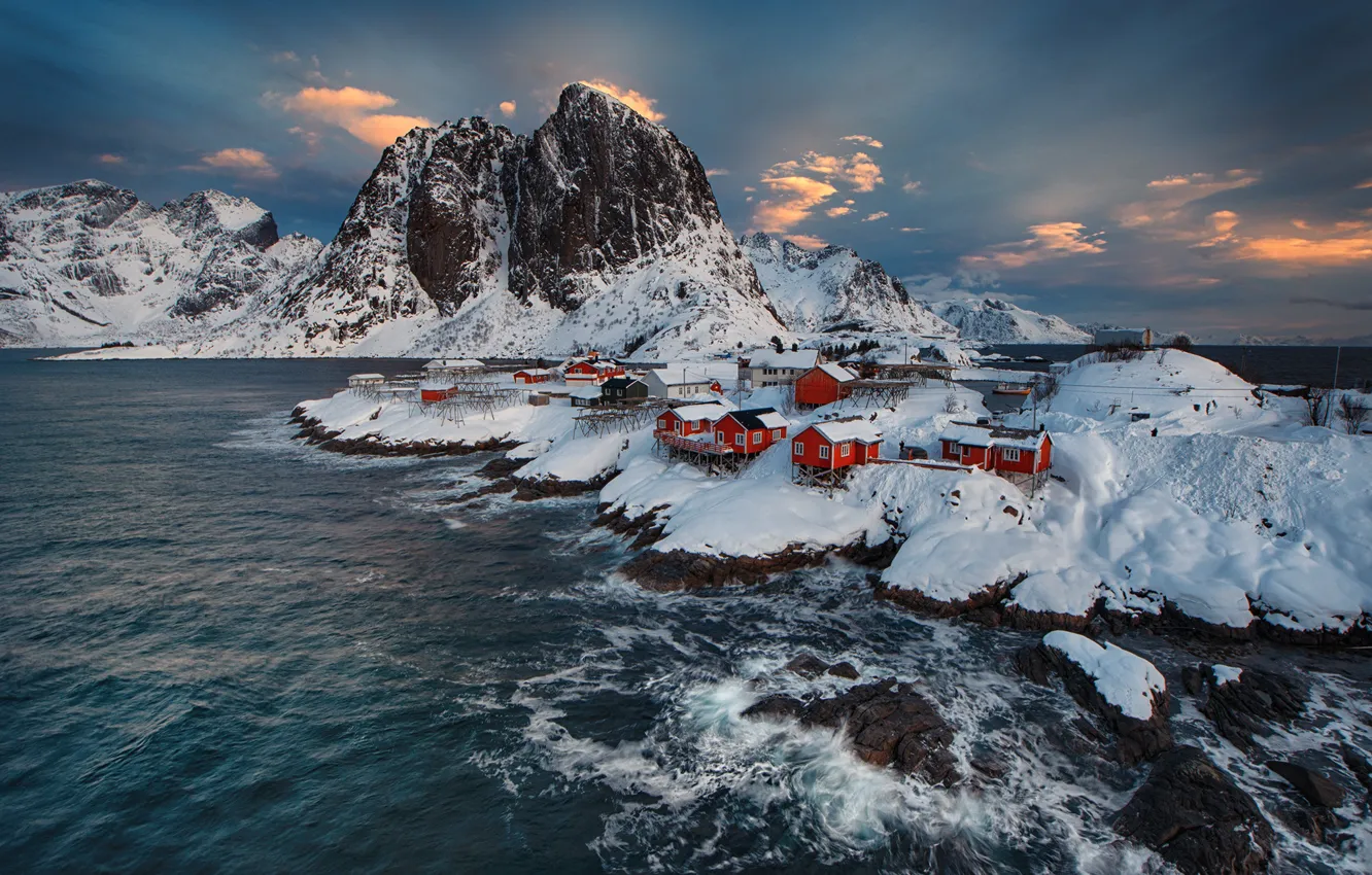 Фото обои зима, море, небо, горы, дома, Норвегия, Лофотенские острова, Краси Матаров