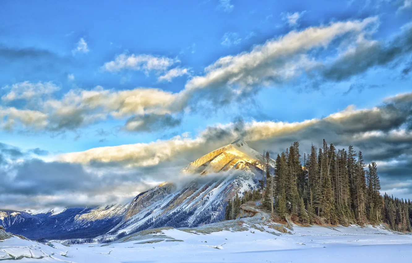 Фото обои зима, небо, облака, снег, деревья, горы, озеро