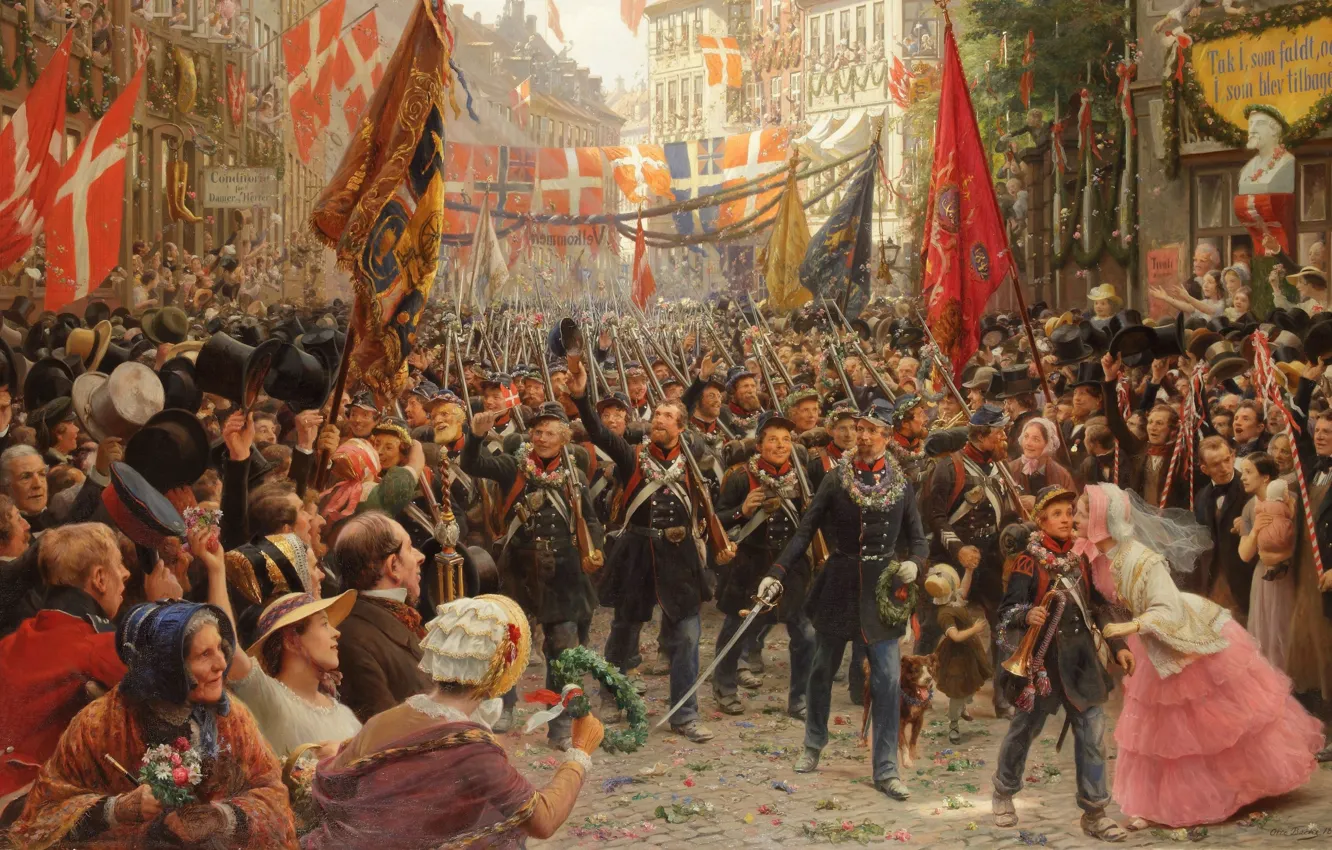 Фото обои датский живописец, 1894, Danish painter, oil on canvas, Otto Bache, Отто Бахе, Soldaternes hjemkomst til …