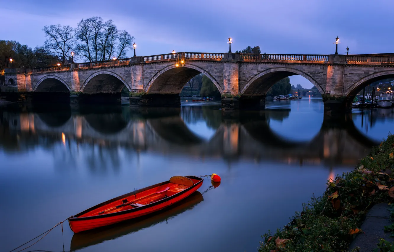 Фото обои ночь, лодка, Англия, Лондон, арка, Ричмондский мост
