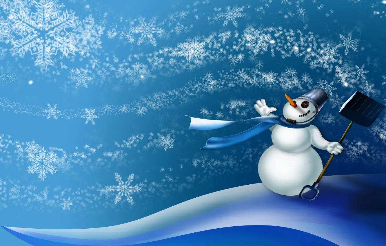 Фото обои снежинки, ветер, шарф, ведро, сугробы, снеговик, лопата, морковь