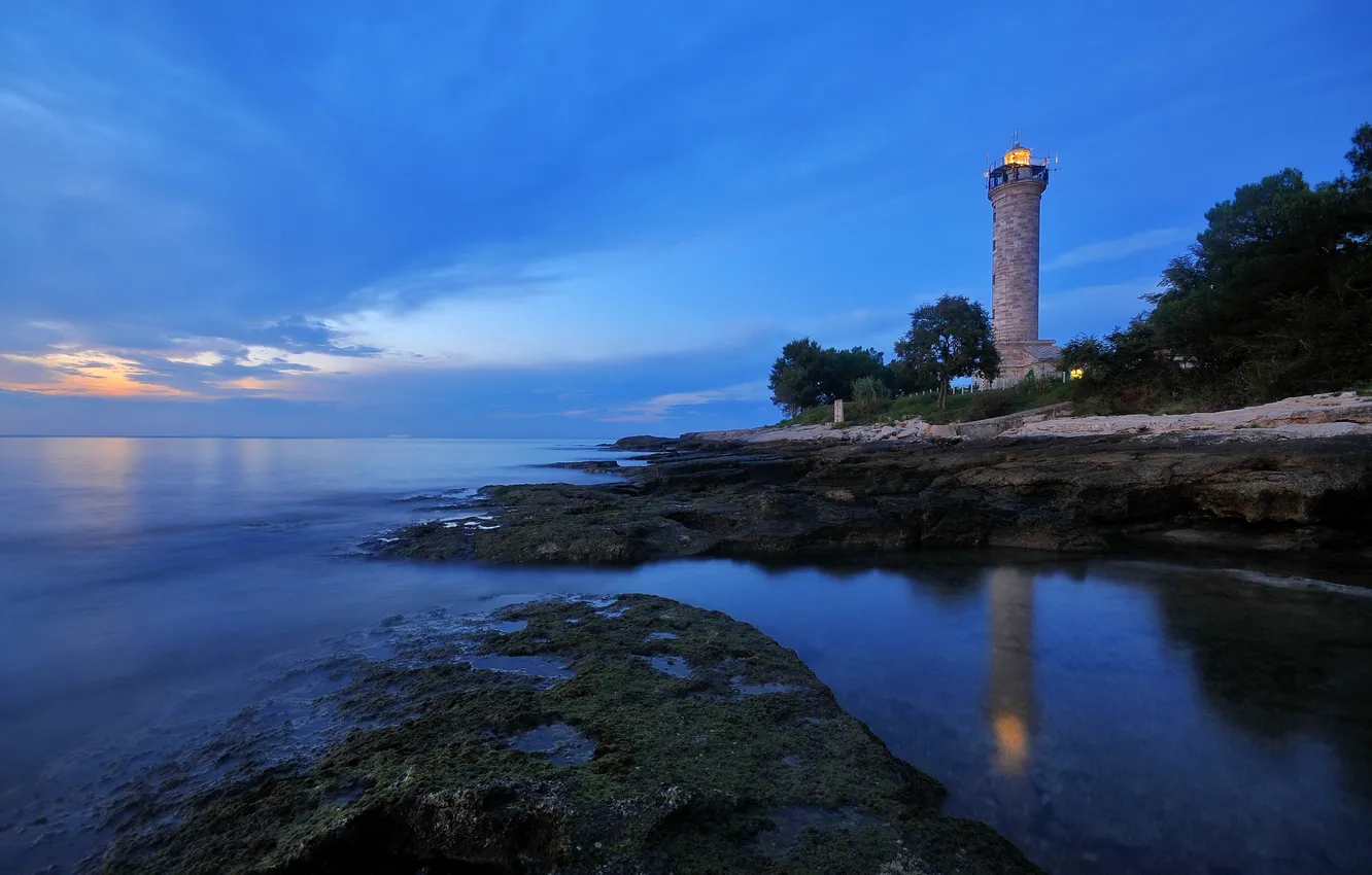 Фото обои море, побережье, маяк, вечер, Хорватия, Istarska, Salvore