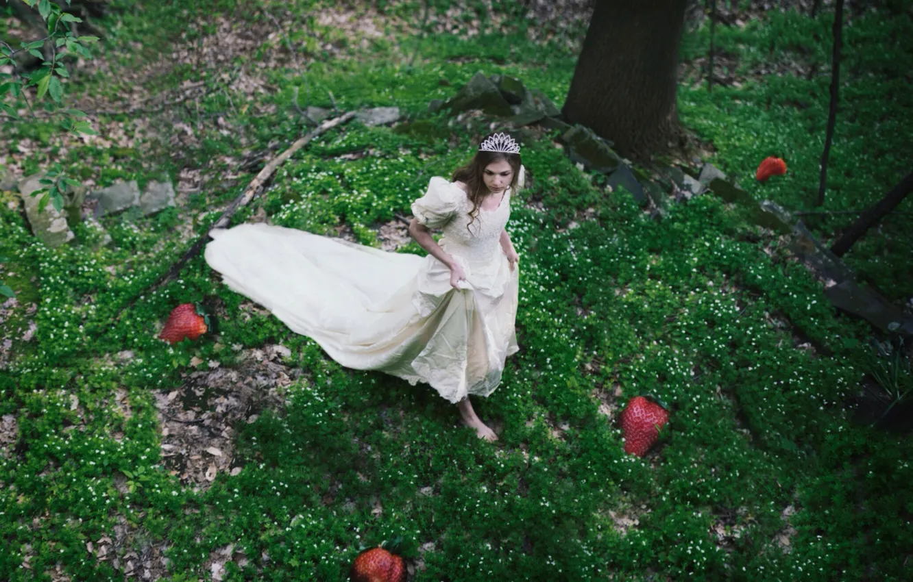 Фото обои лес, ягоды, платье, клубника, девочка, диадема