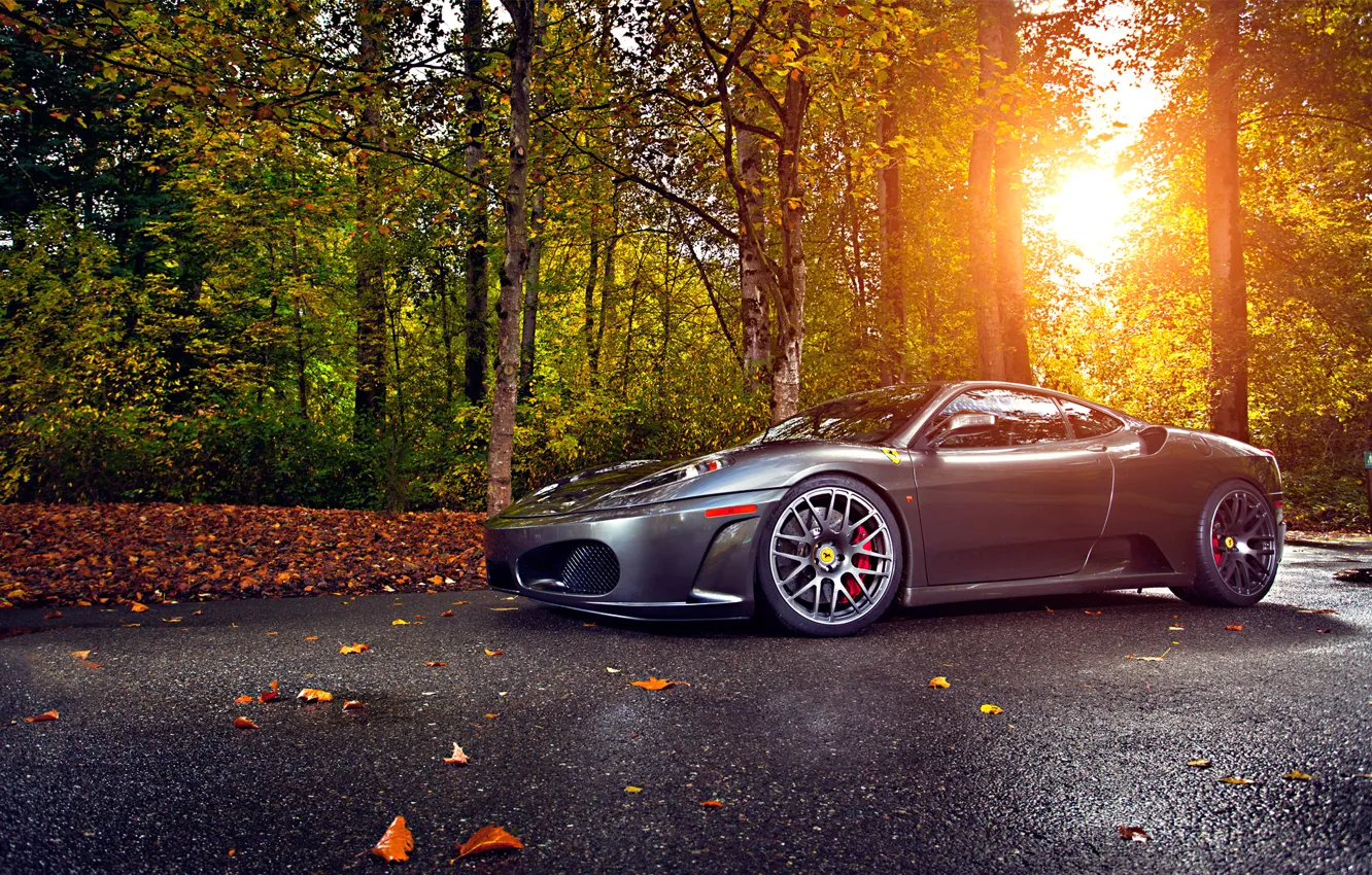 Фото обои Ferrari, Green, Sun, Autumn, Tuning, asphalt, Silver, 430