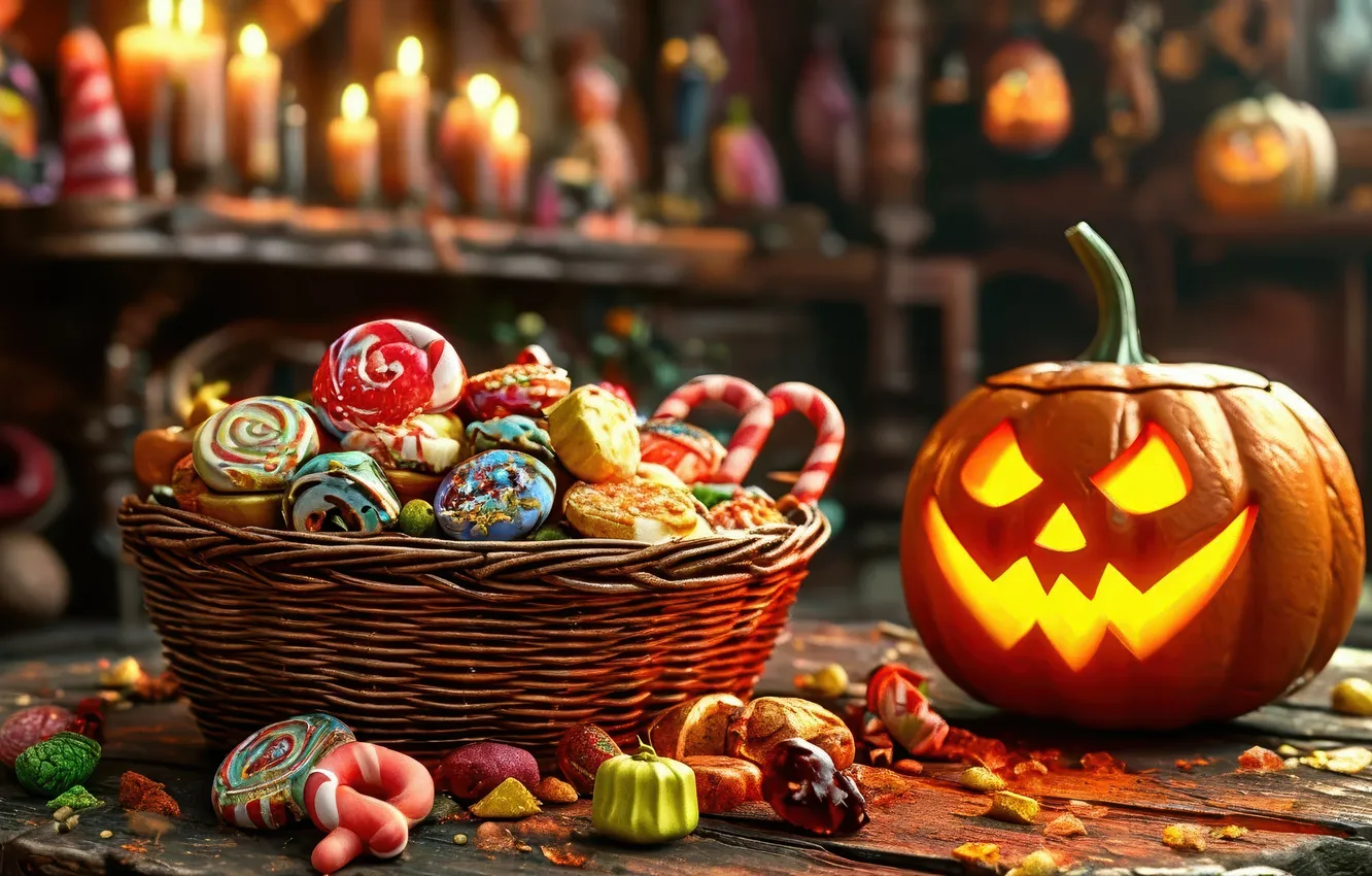Фото обои оскал, halloween, на полу, pumpkin, тыква с глазами, много всего, горящие свечи