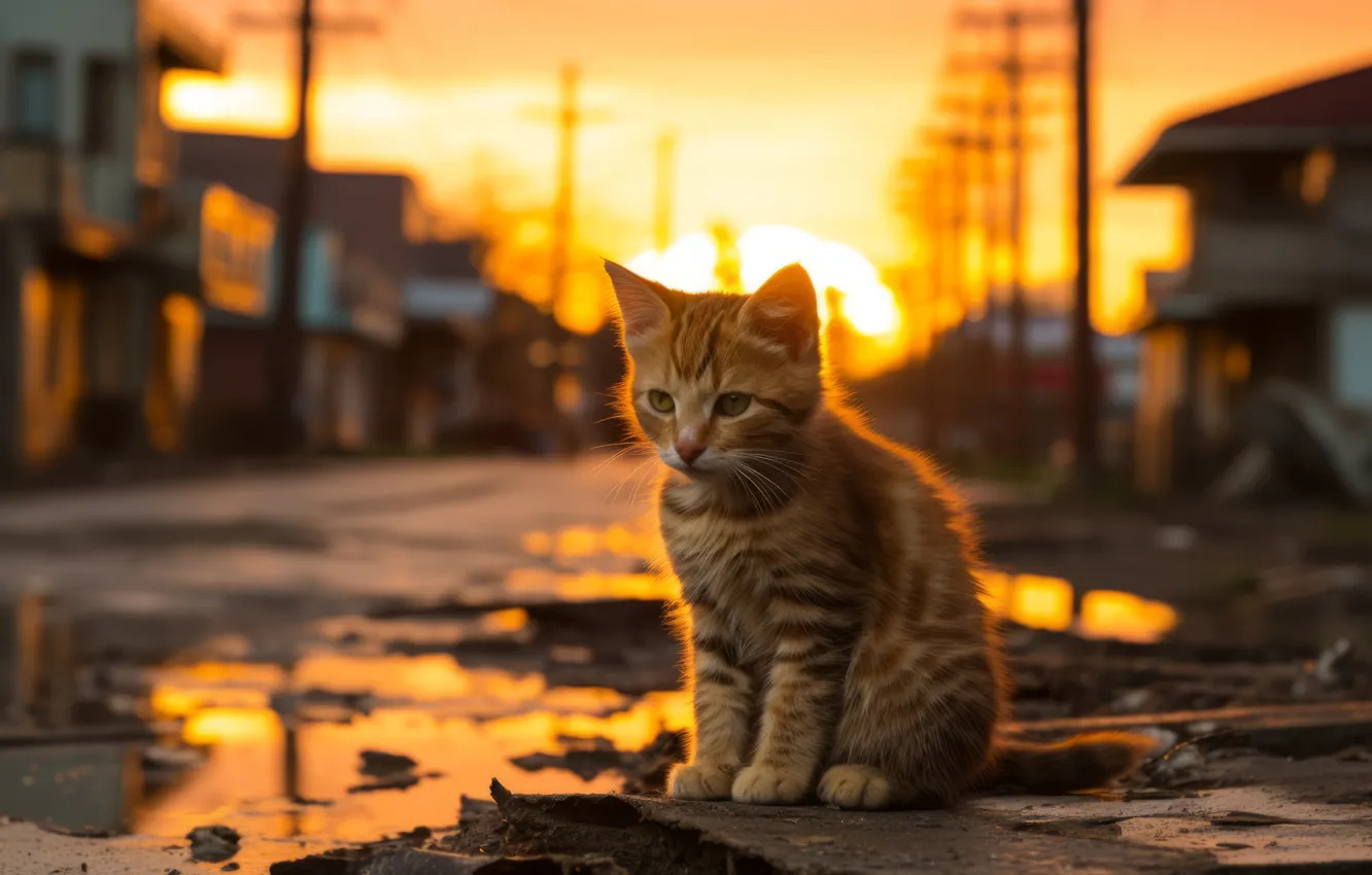 Фото обои дорога, кошка, небо, взгляд, асфальт, свет, закат, город