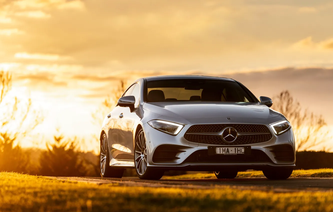 Фото обои закат, Mercedes-Benz, CLS, седан, вид спереди, 2018, 450, 4MATIC