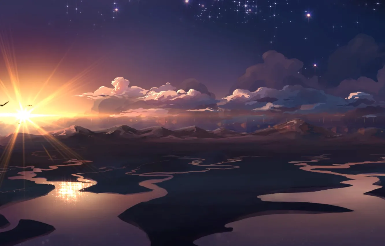 Фото обои солнце, облака, горы, птицы, река, нарисованный пейзаж