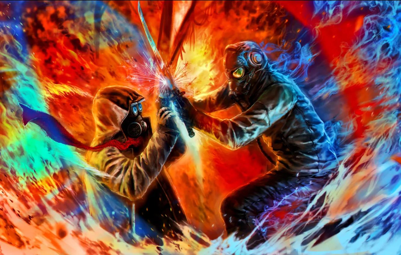 Фото обои люди, бой, нападение, маски, romantically apocalyptic, just the two of us