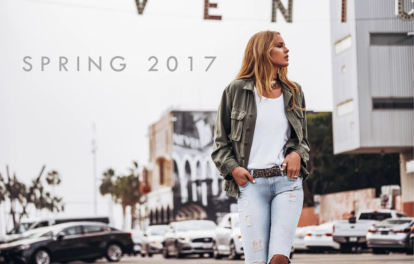 Фото обои woman, young, beautiful, model, jeans, blonde, jacket, Abby Champion