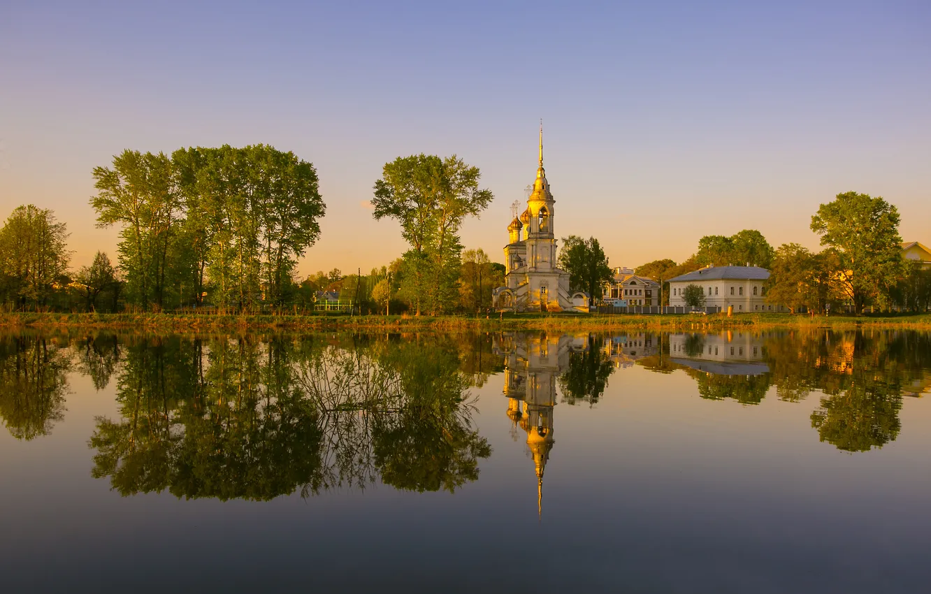 Фото обои lake, reflection, pond, dome, church
