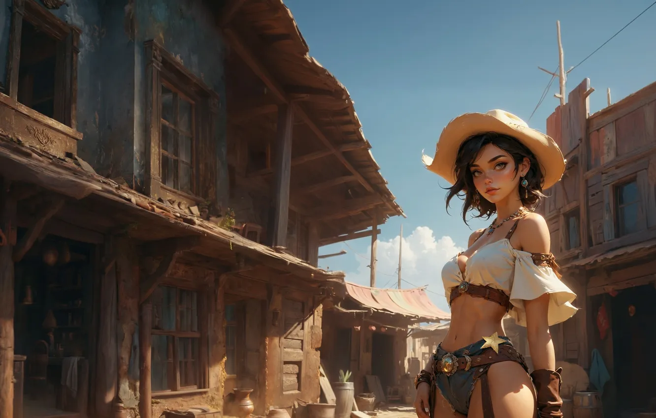 Фото обои girl, young, wild west, brunette, cute, ai art
