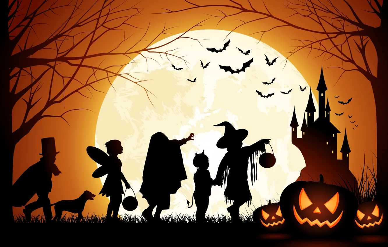 Фото обои Halloween, Moon, Pumpkin, Castle, Men And Dog, Bats, Trees