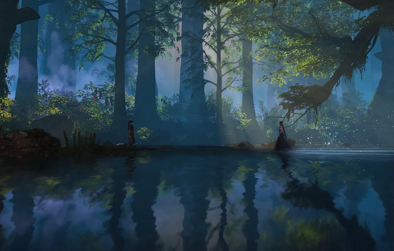 Фото обои лес, озеро, самураи