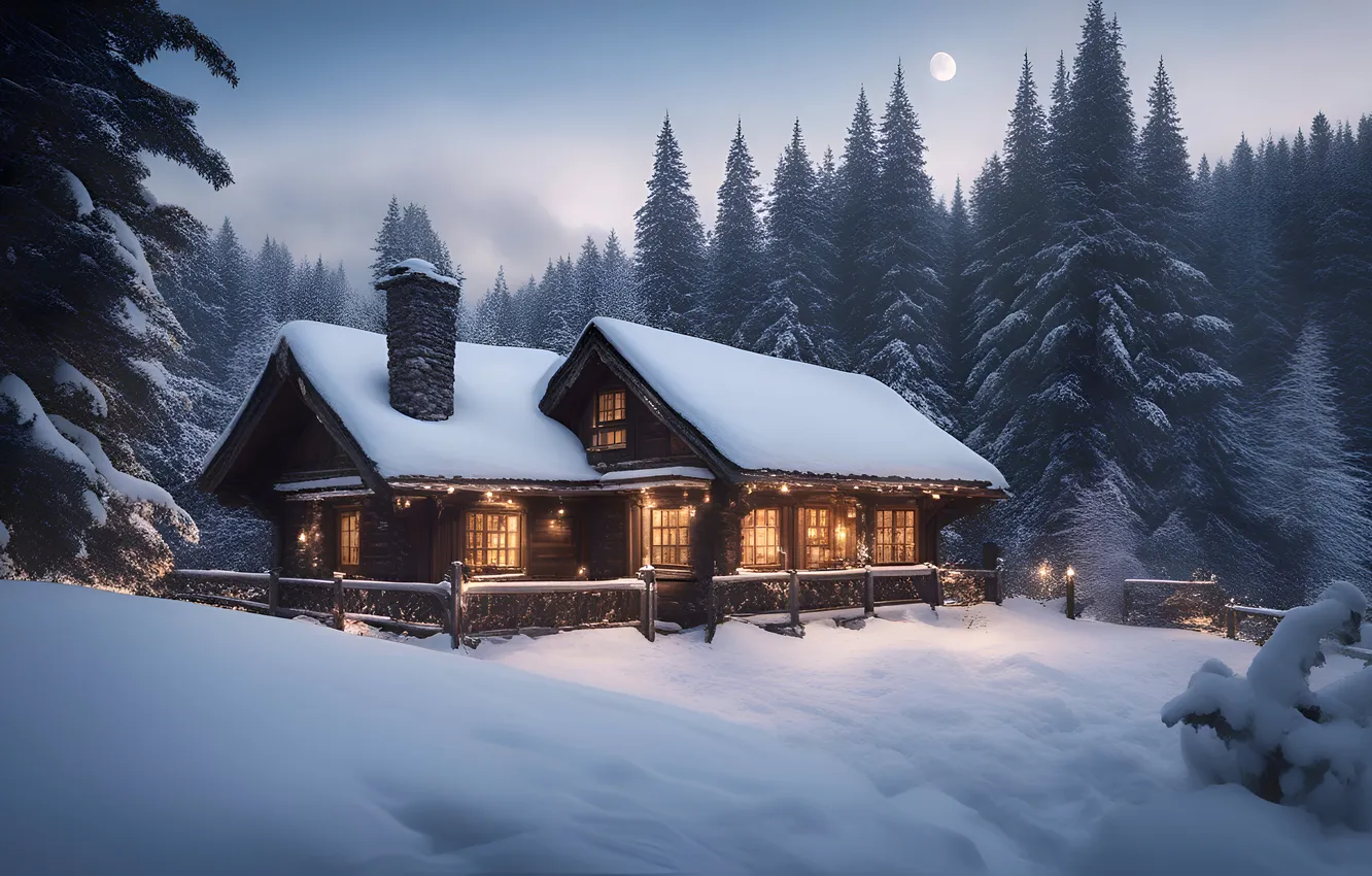 Фото обои зима, лес, снег, домик, house, хижина, forest, winter