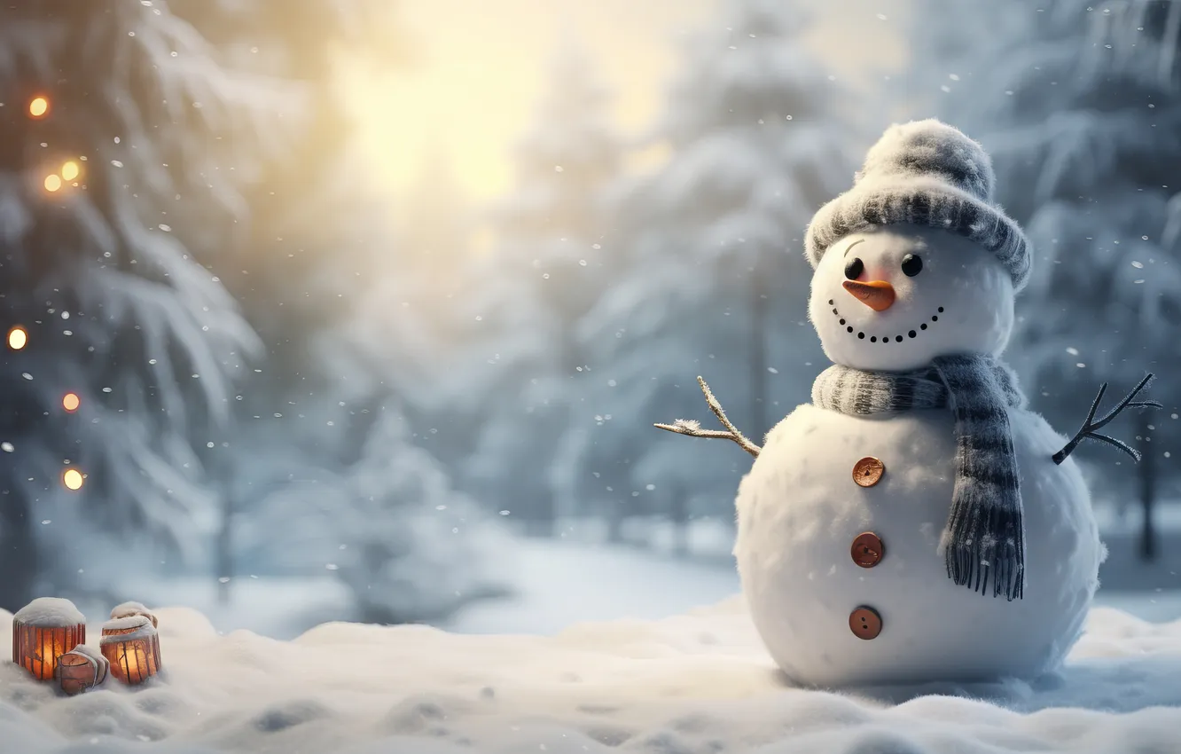 Фото обои зима, снег, Рождество, Новый год, снеговик, Christmas, winter, snow