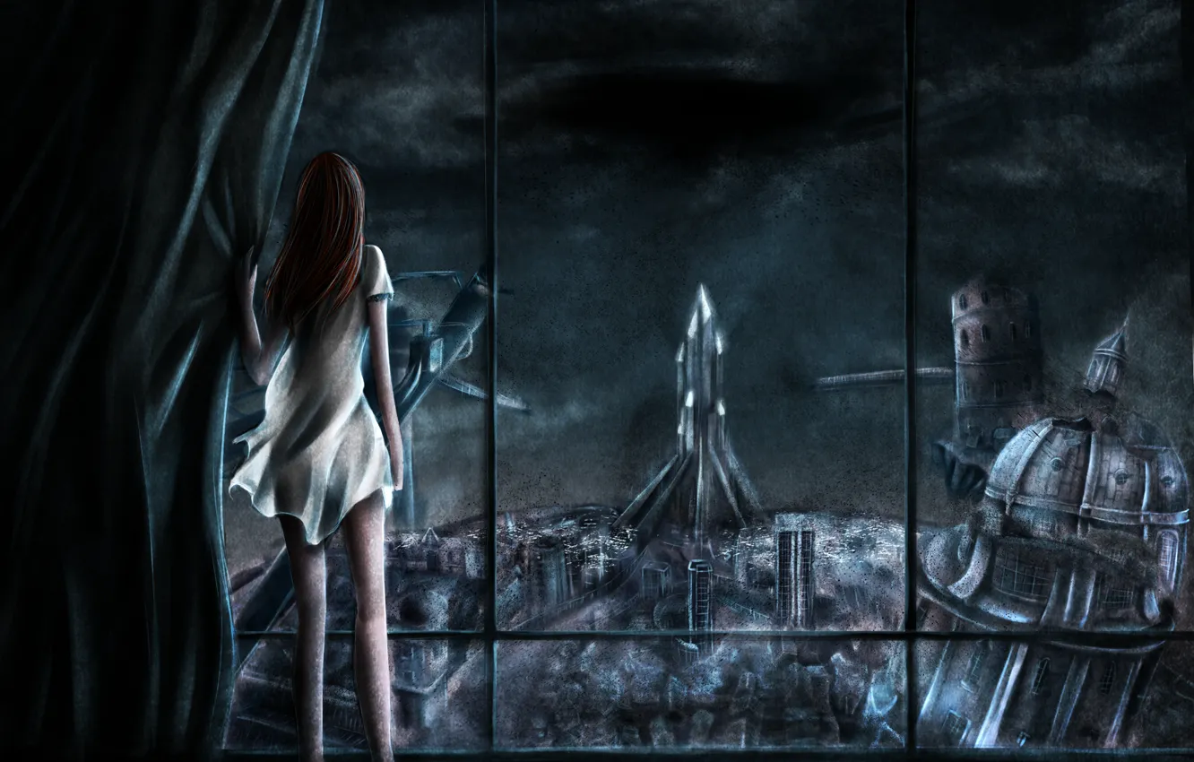 Фото обои девушка, ночь, город, окно, арт, руины, спиной, xilveroxas