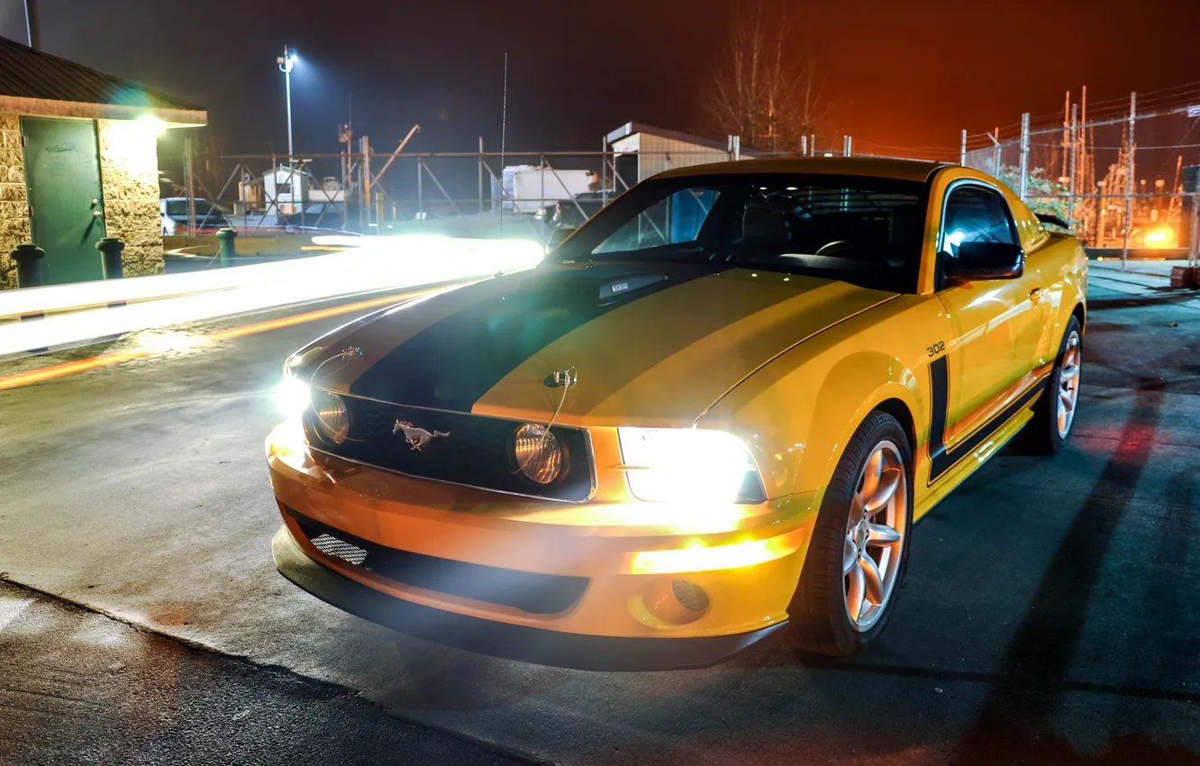 Фото обои небо, ночь, жёлтый, Mustang, Ford, тень, Форд, Мустанг