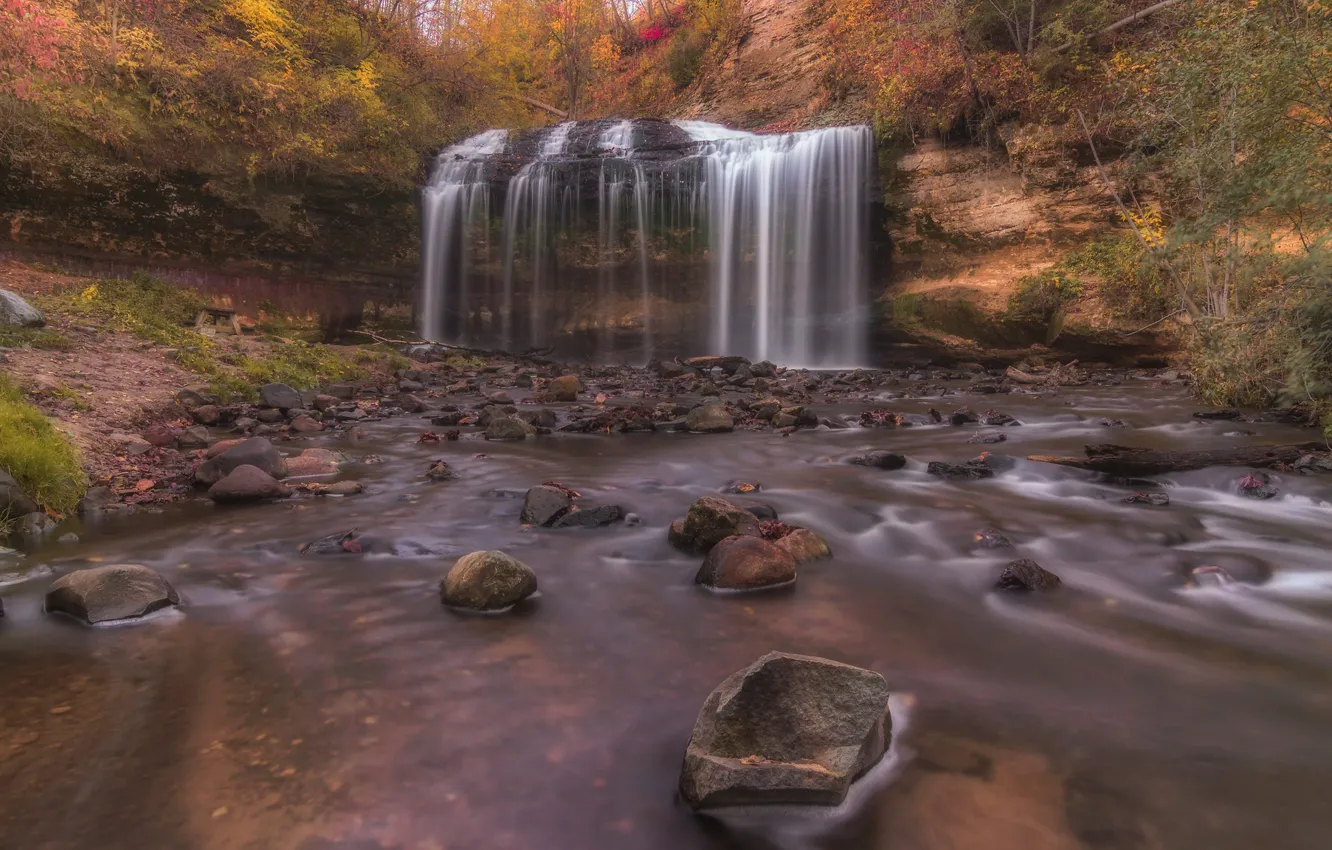 Фото обои осень, река, камни, водопад, Висконсин, каскад, Wisconsin, Cascade Falls